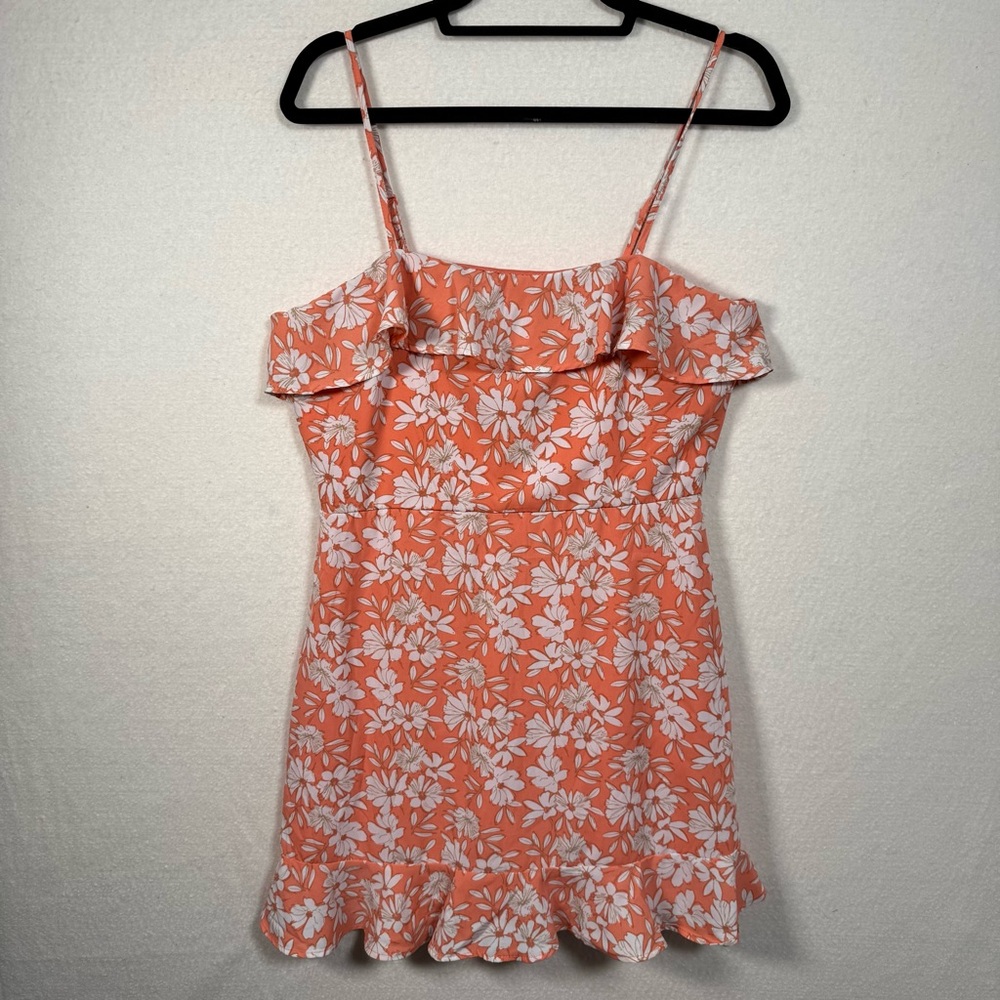Floral Pink Mini Dress with Ruffle Adjustable Straps‎ Size Large Vacation Beach